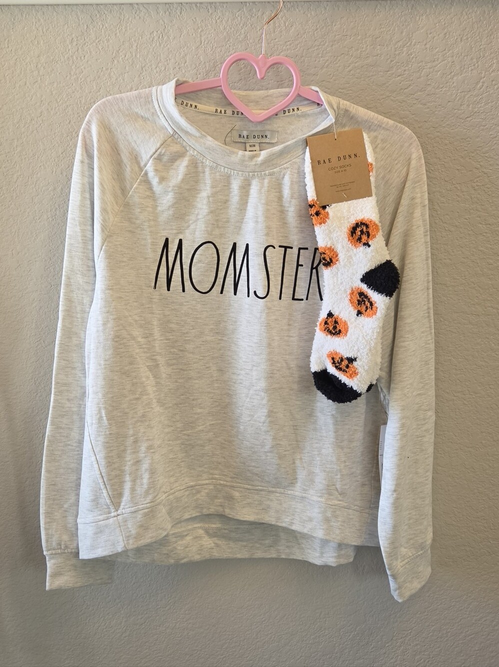 NWT Rae Dunn "Momster" Sweatshirt & Fuzzy Pumpkin Socks Lounge Set - Size M